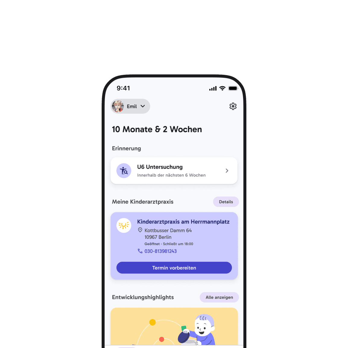 Kinderarzttermin-App-Ansicht